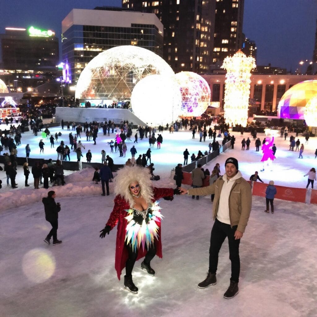 A vibrant outdoor winter night scene featuring people ice skating in a well-lit area, surrounded by large, illuminated dome structures and artistic installations. The area is full of people enjoying the festive ambiance. In the foreground, two individuals pose for the photo, one wearing a colorful, flamboyant outfit and a large wig, enhancing the playful and joyous atmosphere.