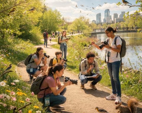 A group of people engages in birdwatching and nature photography along a scenic path near a lush river. The environment is vibrant with greenery, flowers, and trees. Some individuals are using cameras and taking notes. Birds are perched and flying around, and a squirrel is nearby, adding to the lively wildlife scene. A city skyline is visible in the background, blending nature and urban elements.