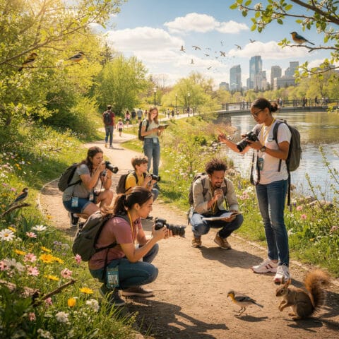 A group of people engages in birdwatching and nature photography along a scenic path near a lush river. The environment is vibrant with greenery, flowers, and trees. Some individuals are using cameras and taking notes. Birds are perched and flying around, and a squirrel is nearby, adding to the lively wildlife scene. A city skyline is visible in the background, blending nature and urban elements.