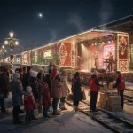 A festive holiday scene featuring a train decorated with colorful lights and holiday decorations. People, dressed in warm winter clothing, gather around the train. One of the train cars has a stage with live performers, while others distribute food donations from boxes labeled 'Food Bank Donations.' The setting is snowy, with a clear, starry night sky adding to the holiday atmosphere.