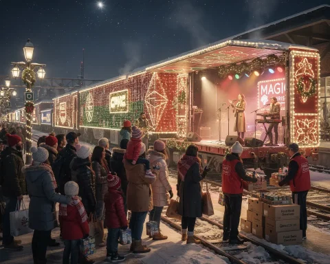 A festive holiday scene featuring a train decorated with colorful lights and holiday decorations. People, dressed in warm winter clothing, gather around the train. One of the train cars has a stage with live performers, while others distribute food donations from boxes labeled 'Food Bank Donations.' The setting is snowy, with a clear, starry night sky adding to the holiday atmosphere.