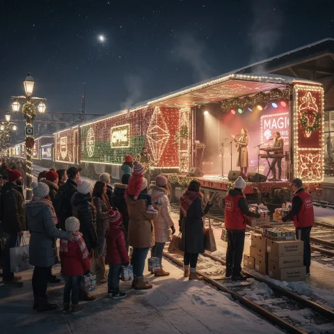 A festive holiday scene featuring a train decorated with colorful lights and holiday decorations. People, dressed in warm winter clothing, gather around the train. One of the train cars has a stage with live performers, while others distribute food donations from boxes labeled 'Food Bank Donations.' The setting is snowy, with a clear, starry night sky adding to the holiday atmosphere.