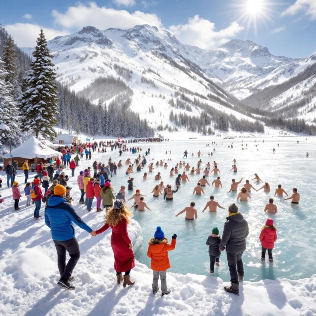 A large group of people at an event on a frozen lake surrounded by snow-covered mountains and trees. Some participants are swimming or standing in the icy water, while others in winter clothing observe. The background features a snowy landscape under a bright, clear sky with the sun shining.