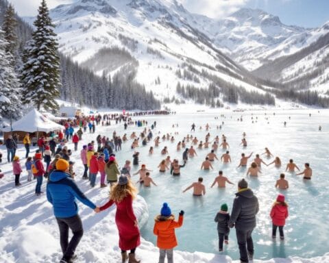 A large group of people at an event on a frozen lake surrounded by snow-covered mountains and trees. Some participants are swimming or standing in the icy water, while others in winter clothing observe. The background features a snowy landscape under a bright, clear sky with the sun shining.