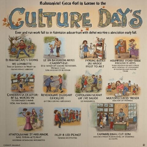 A humorous and artistic illustration celebrating Culture Days, featuring people participating in community events such as art, music, and crafts. The text is playful and stylized, adding to the comedic and whimsical theme of the piece. The scene suggests a festive gathering highlighting cultural activities in a community setting.