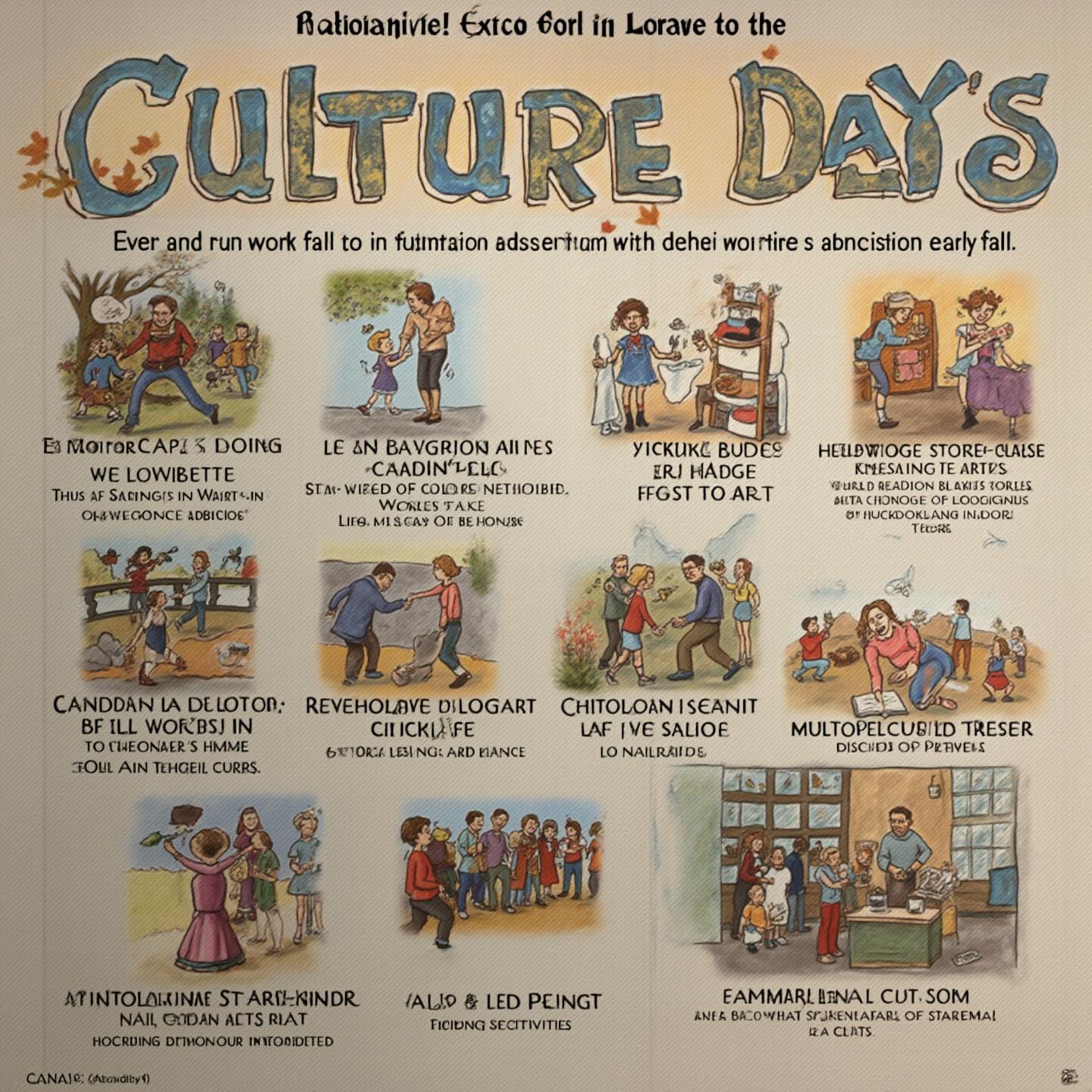 A humorous and artistic illustration celebrating Culture Days, featuring people participating in community events such as art, music, and crafts. The text is playful and stylized, adding to the comedic and whimsical theme of the piece. The scene suggests a festive gathering highlighting cultural activities in a community setting.