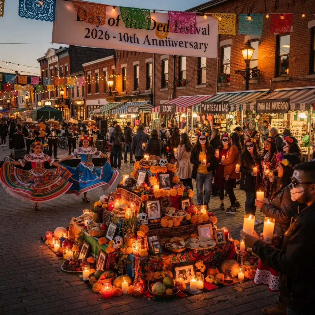 A lively Day of the Dead festival scene set in a street decorated with colorful lights and banners celebrating the event's 10th anniversary in 2026. A large traditional altar (ofrenda) with photos, candles, marigolds, and offerings is the centerpiece, surrounded by people holding candles and wearing sugar skull face paint. Dancers in traditional Mexican attire perform, while stalls selling food and crafts can be seen in the background, contributing to the vibrant atmosphere.