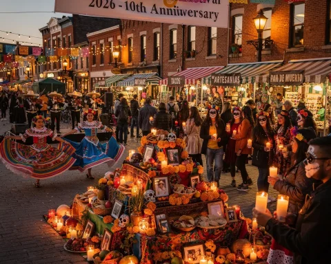 A lively Day of the Dead festival scene set in a street decorated with colorful lights and banners celebrating the event's 10th anniversary in 2026. A large traditional altar (ofrenda) with photos, candles, marigolds, and offerings is the centerpiece, surrounded by people holding candles and wearing sugar skull face paint. Dancers in traditional Mexican attire perform, while stalls selling food and crafts can be seen in the background, contributing to the vibrant atmosphere.