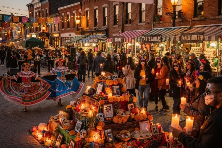 A lively Day of the Dead festival scene set in a street decorated with colorful lights and banners celebrating the event's 10th anniversary in 2026. A large traditional altar (ofrenda) with photos, candles, marigolds, and offerings is the centerpiece, surrounded by people holding candles and wearing sugar skull face paint. Dancers in traditional Mexican attire perform, while stalls selling food and crafts can be seen in the background, contributing to the vibrant atmosphere.