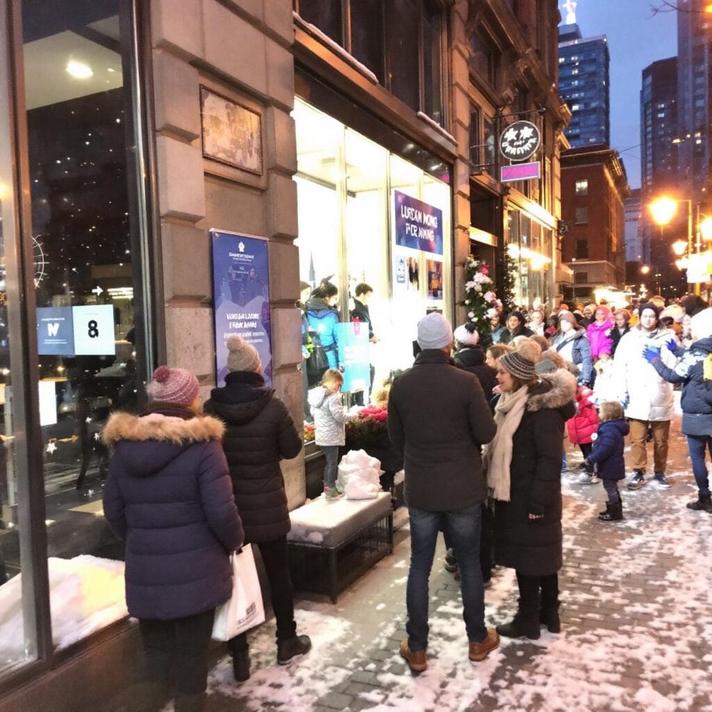 A lively winter night street scene with people gathered outside an illuminated store. Snow covers the ground and nearby surfaces, and many are dressed in coats and hats. The store is decorated with holiday decorations, enhancing the festive atmosphere of the Christmas season.