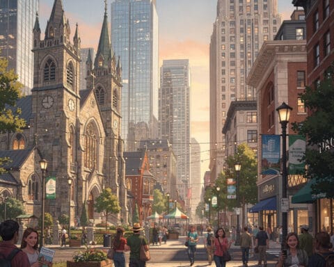 A vibrant urban scene showing a tall stone church with towers on the left, surrounded by modern skyscrapers. People walk along a busy street with shops, trees, and string lights, creating a lively atmosphere. The setting sun casts a warm glow over the historical and modern architecture, highlighting the welcoming environment.