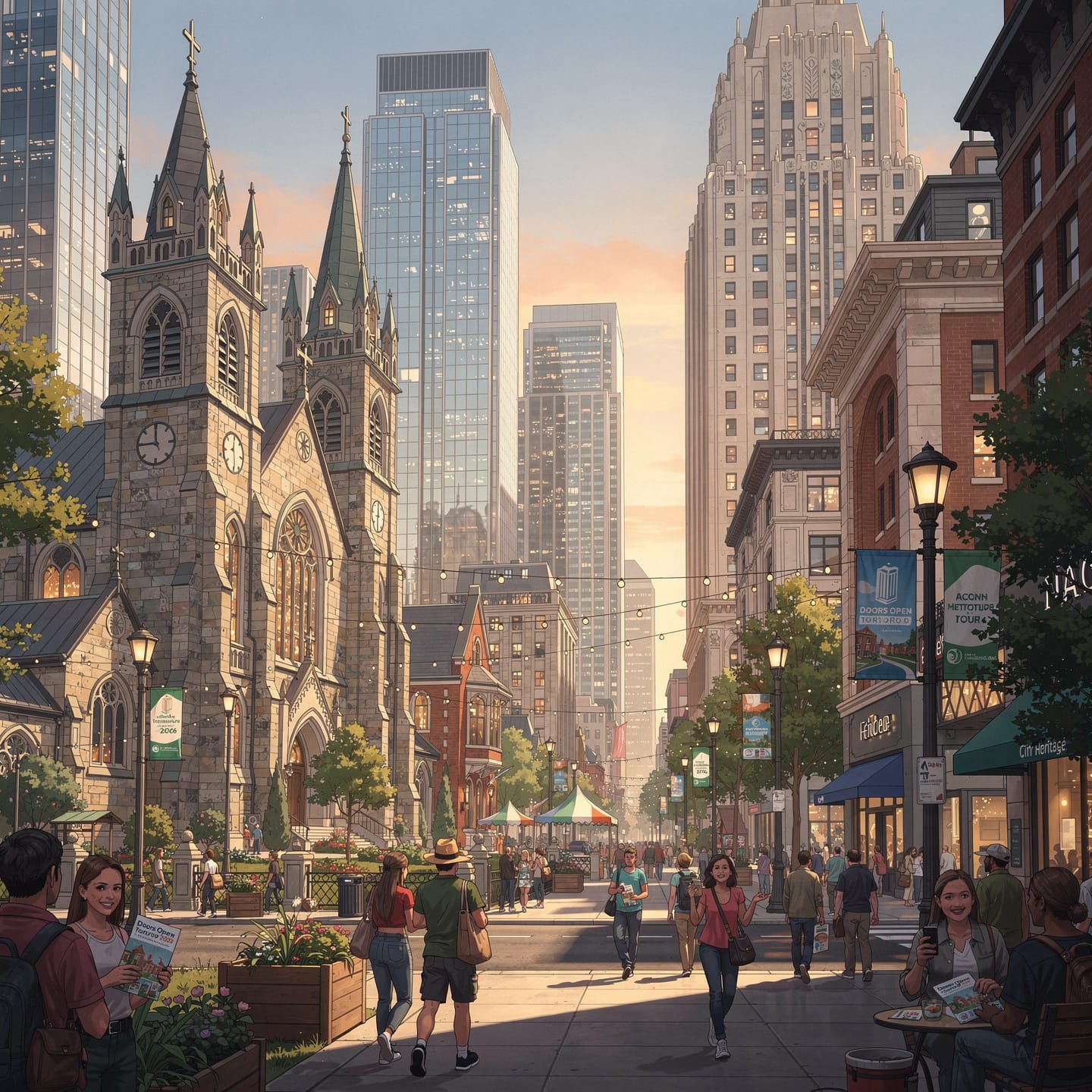 A vibrant urban scene showing a tall stone church with towers on the left, surrounded by modern skyscrapers. People walk along a busy street with shops, trees, and string lights, creating a lively atmosphere. The setting sun casts a warm glow over the historical and modern architecture, highlighting the welcoming environment.