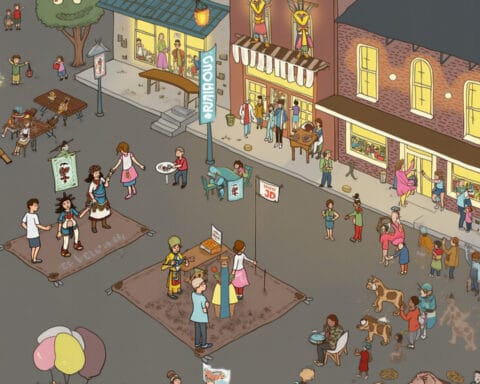 A lively and whimsical street scene featuring people dancing on mats, engaging with street performers, musicians playing instruments, and others interacting with pets and balloons. Colorful shop façades display art and fashion items. The atmosphere is playful and festive, with humorous and fantastical elements like hidden creatures among the crowd and anthropomorphic objects adding an imaginative touch.