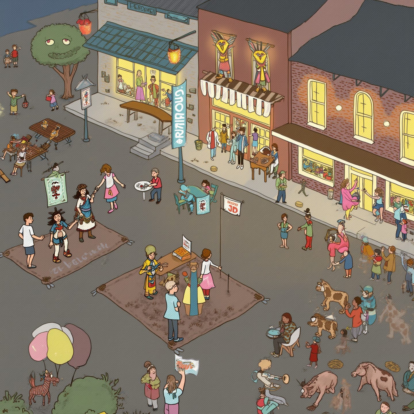 A lively and whimsical street scene featuring people dancing on mats, engaging with street performers, musicians playing instruments, and others interacting with pets and balloons. Colorful shop façades display art and fashion items. The atmosphere is playful and festive, with humorous and fantastical elements like hidden creatures among the crowd and anthropomorphic objects adding an imaginative touch.