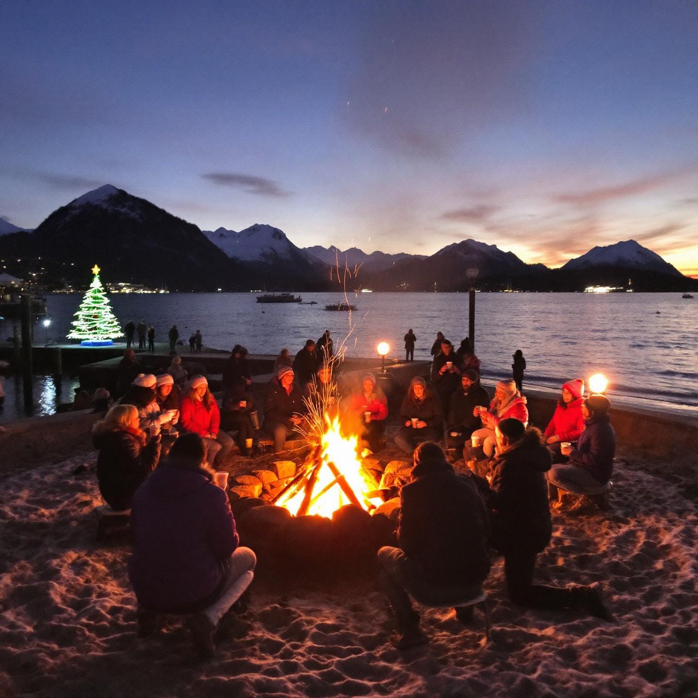 A group of people gathered around a bonfire on a sandy beach at dusk, with a mountainous background. A decorated Christmas tree with lights stands near the water in the distance, adding a festive and cozy ambiance to the serene scene.