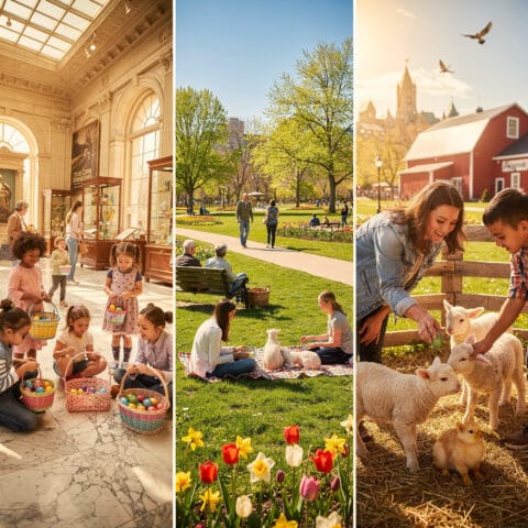 A triptych portraying three vibrant springtime scenes. The first image shows children inside a high-ceilinged museum space engaging in an indoor Easter egg hunt with baskets and colorful items. The second image captures a sunny park with people walking, sitting on benches, and picnicking on the grass amid trees and flowers. The third image depicts a farm setting where a woman and child interact with sheep and a duckling near a red barn, suggesting an animal petting area.