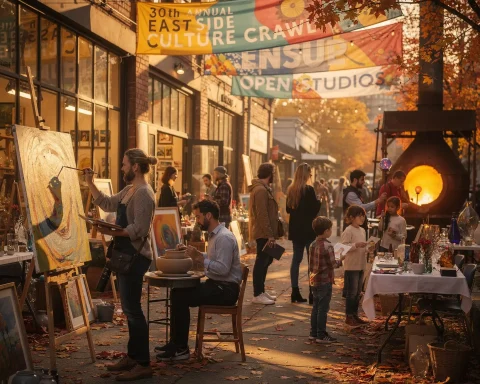 A bustling street market during the 30th Annual East Side Culture Crawl. Artists are painting and working on pottery, while families and visitors explore various art and craft displays. Colorful banners hang overhead, and warm light emanates from an outdoor kiln or furnace, hinting at glassblowing or metalwork activity. The ground is covered in autumn leaves, adding to the cozy and festive atmosphere.