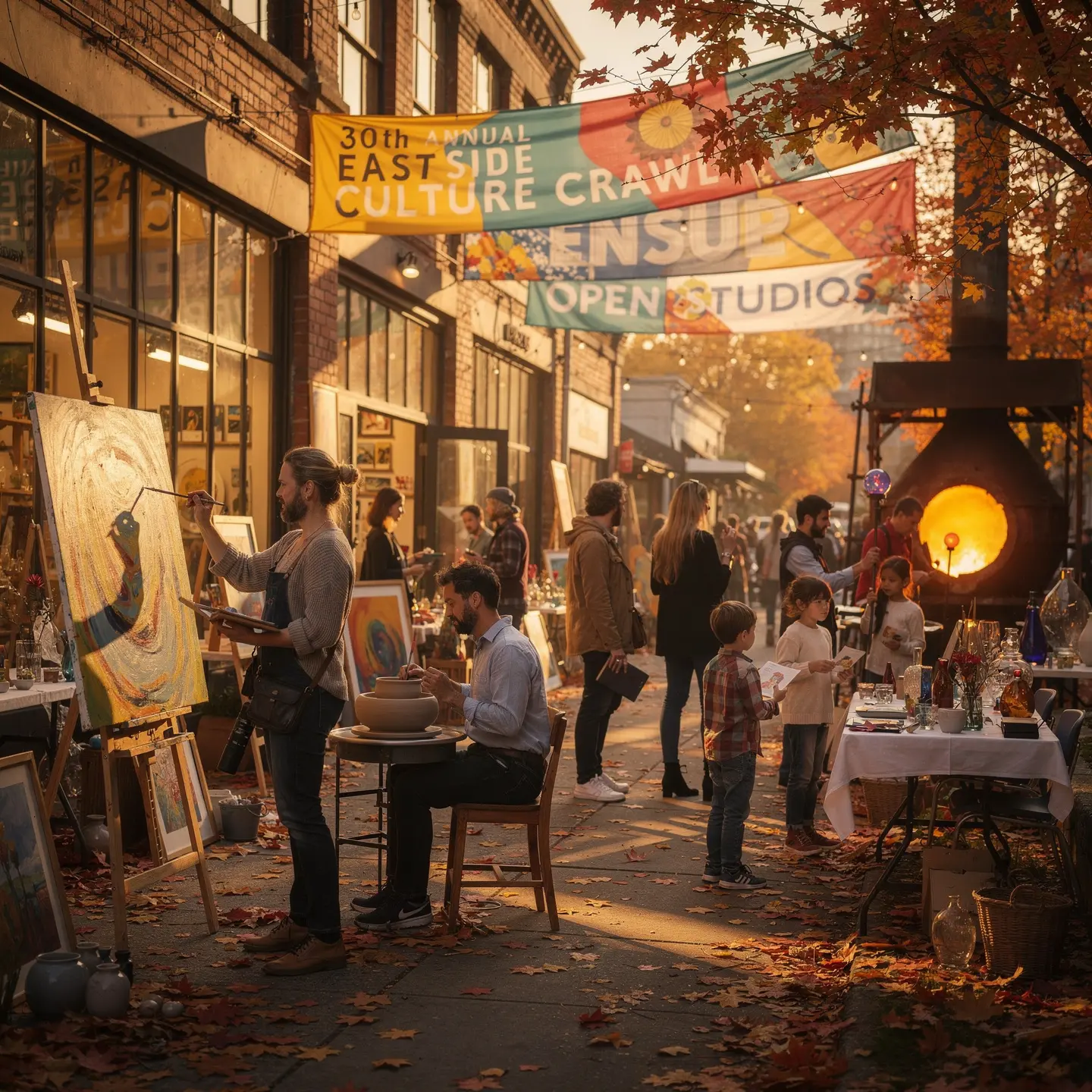 A bustling street market during the 30th Annual East Side Culture Crawl. Artists are painting and working on pottery, while families and visitors explore various art and craft displays. Colorful banners hang overhead, and warm light emanates from an outdoor kiln or furnace, hinting at glassblowing or metalwork activity. The ground is covered in autumn leaves, adding to the cozy and festive atmosphere.