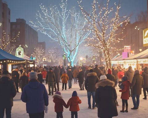 A lively winter evening scene at an outdoor market. Snow blankets the ground, and trees are decorated with sparkling lights. People dressed in warm clothing explore the bustling stalls, which likely sell food or holiday items. The warm, festive atmosphere contrasts with the cold, wintry setting.