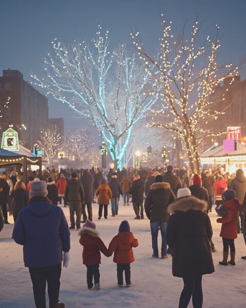A lively winter evening scene at an outdoor market. Snow blankets the ground, and trees are decorated with sparkling lights. People dressed in warm clothing explore the bustling stalls, which likely sell food or holiday items. The warm, festive atmosphere contrasts with the cold, wintry setting.
