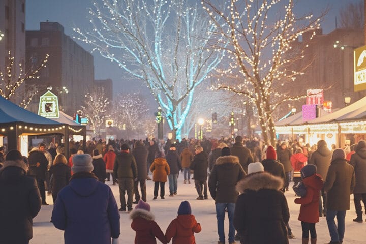 A lively winter evening scene at an outdoor market. Snow blankets the ground, and trees are decorated with sparkling lights. People dressed in warm clothing explore the bustling stalls, which likely sell food or holiday items. The warm, festive atmosphere contrasts with the cold, wintry setting.