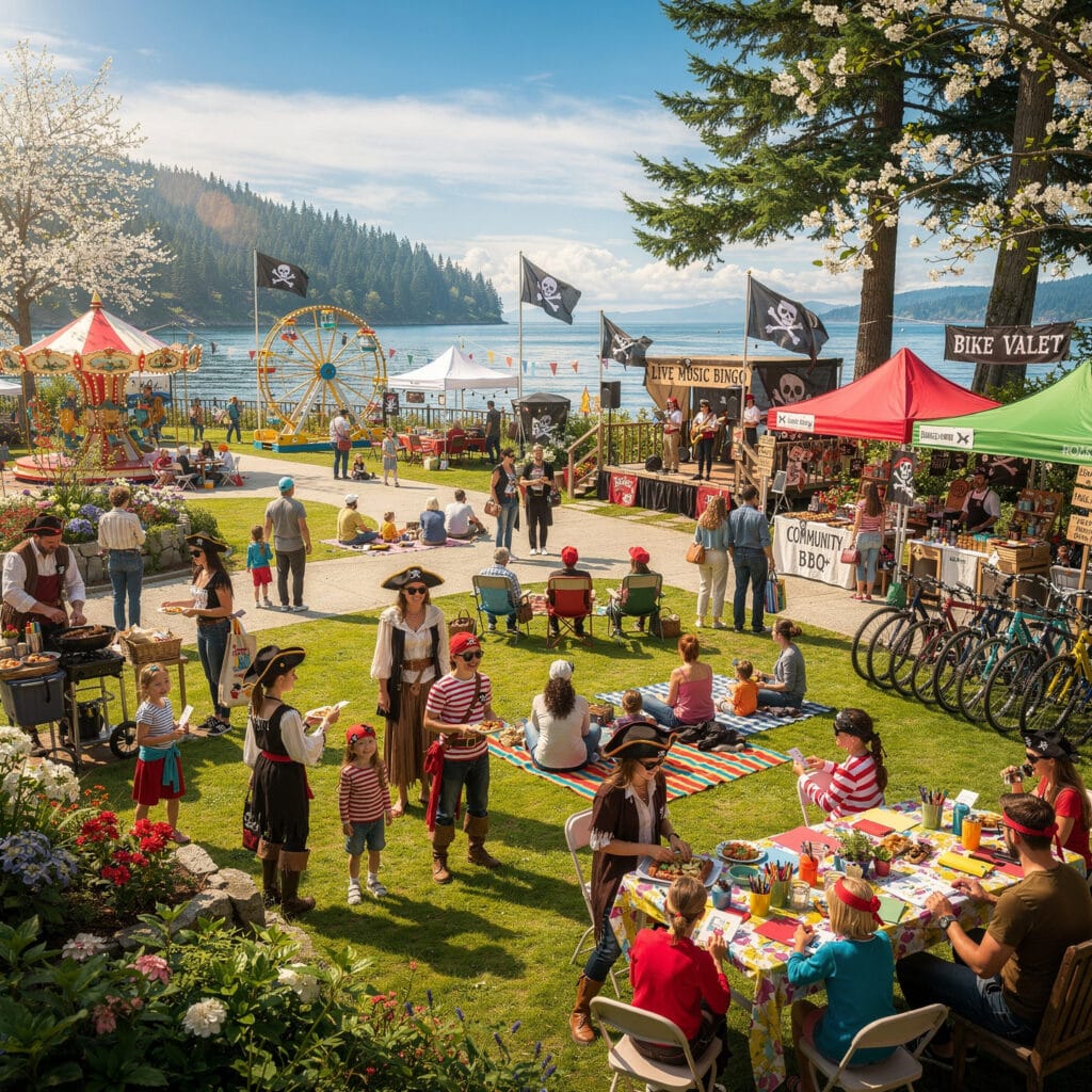 A vibrant outdoor festival with a pirate theme. Attendees are dressed as pirates, enjoying attractions like a carousel and Ferris wheel in the background, alongside stalls adorned with pirate flags. In the foreground, there are tables with art supplies, a community BBQ, and food stalls. The festival is set near a body of water, surrounded by trees and hills, creating a lively and festive atmosphere.