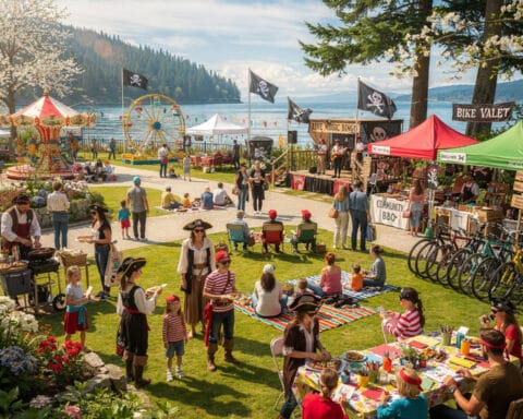 A vibrant outdoor festival with a pirate theme. Attendees are dressed as pirates, enjoying attractions like a carousel and Ferris wheel in the background, alongside stalls adorned with pirate flags. In the foreground, there are tables with art supplies, a community BBQ, and food stalls. The festival is set near a body of water, surrounded by trees and hills, creating a lively and festive atmosphere.