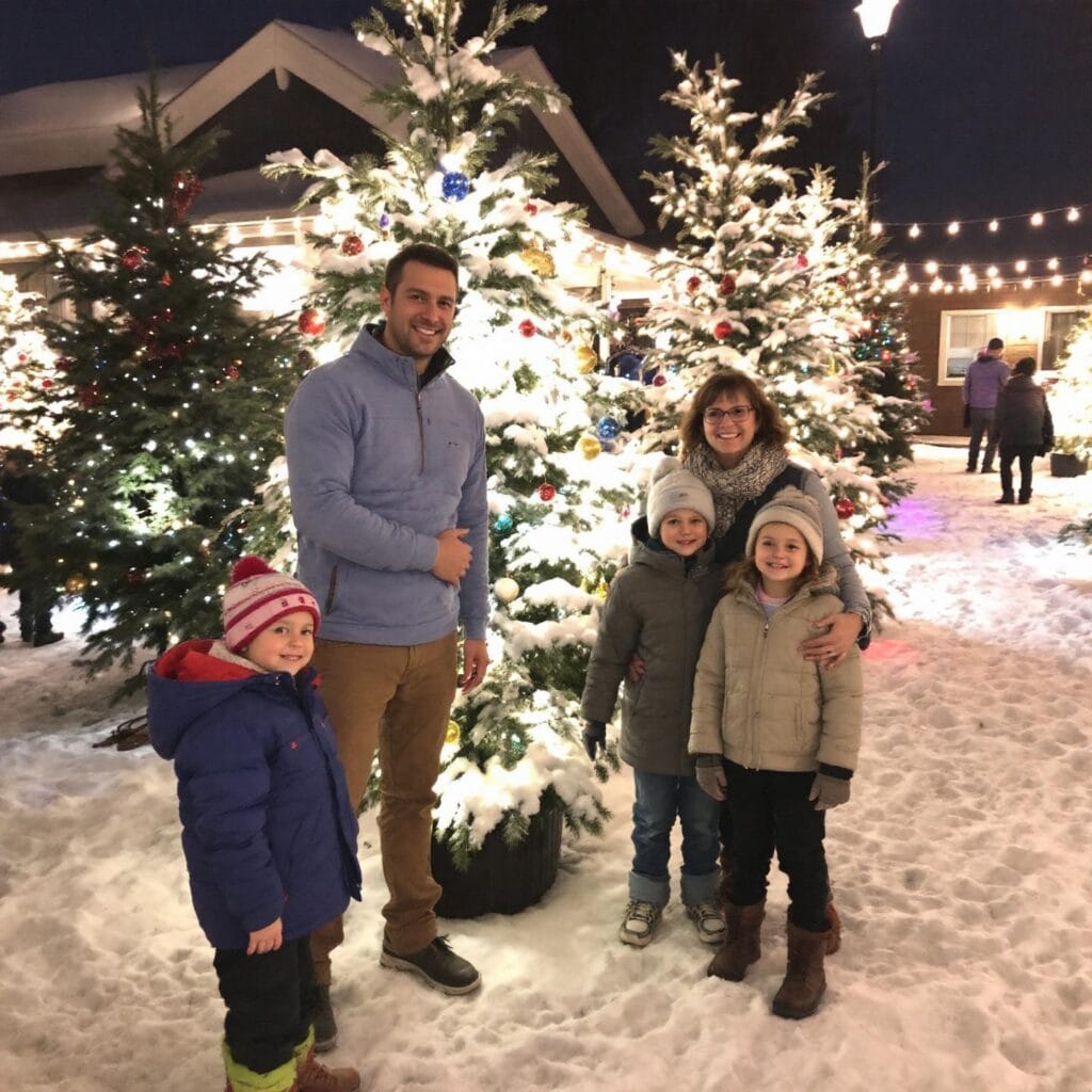 A family dressed in winter clothing stands in a festive, snowy setting surrounded by multiple decorated Christmas trees with bright lights and ornaments, creating a cheerful holiday atmosphere.