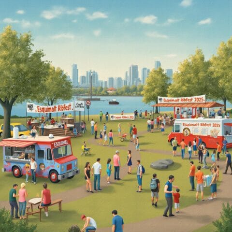 A lively outdoor event titled 'Esquimalt Ribfest 2025' featuring food trucks, attendees enjoying food and socializing, with a scenic backdrop of trees and a city skyline across the water.