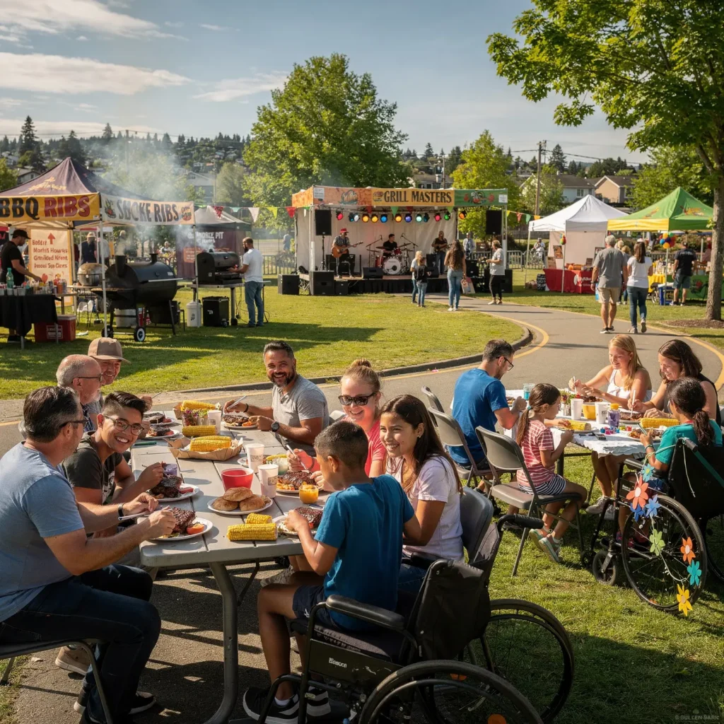 A lively outdoor community event in a grassy park with people gathered around tables enjoying food. Various stalls or tents are set up, including one labeled 'BBQ Ribs' and another 'Grill Masters.' A band performs on a stage in the background, and attendees socialize and eat under the sunshine amidst trees.
