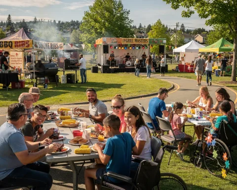 A lively outdoor community event in a grassy park with people gathered around tables enjoying food. Various stalls or tents are set up, including one labeled 'BBQ Ribs' and another 'Grill Masters.' A band performs on a stage in the background, and attendees socialize and eat under the sunshine amidst trees.
