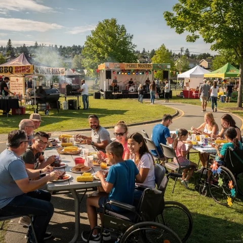 A lively outdoor community event in a grassy park with people gathered around tables enjoying food. Various stalls or tents are set up, including one labeled 'BBQ Ribs' and another 'Grill Masters.' A band performs on a stage in the background, and attendees socialize and eat under the sunshine amidst trees.