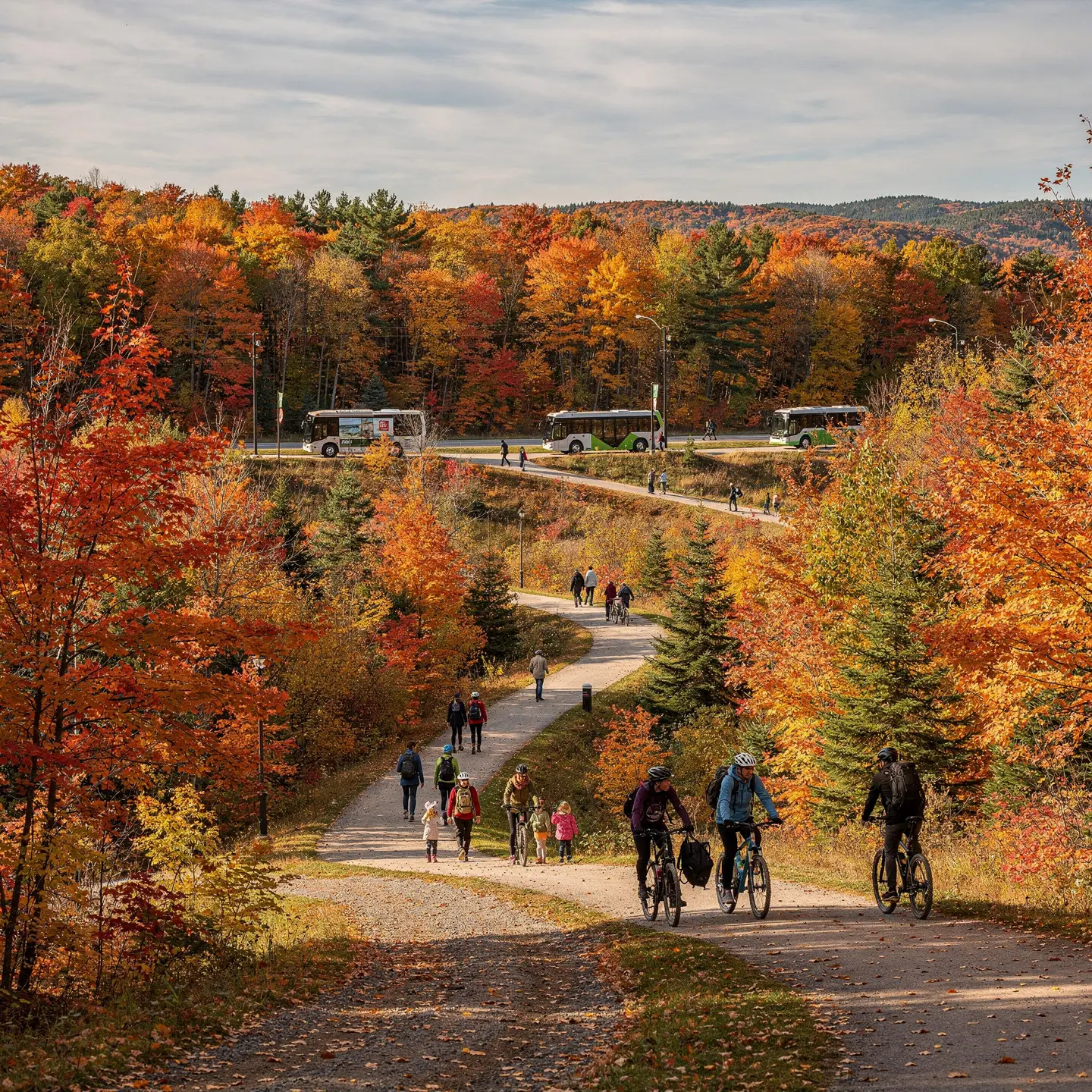 A picturesque autumn landscape featuring a pathway lined with trees displaying vibrant fall colors. People are walking and biking along the path, while the background shows a road with buses, pedestrians, and rolling hills adorned with colorful foliage. The image captures the essence of a pleasant fall day in nature.