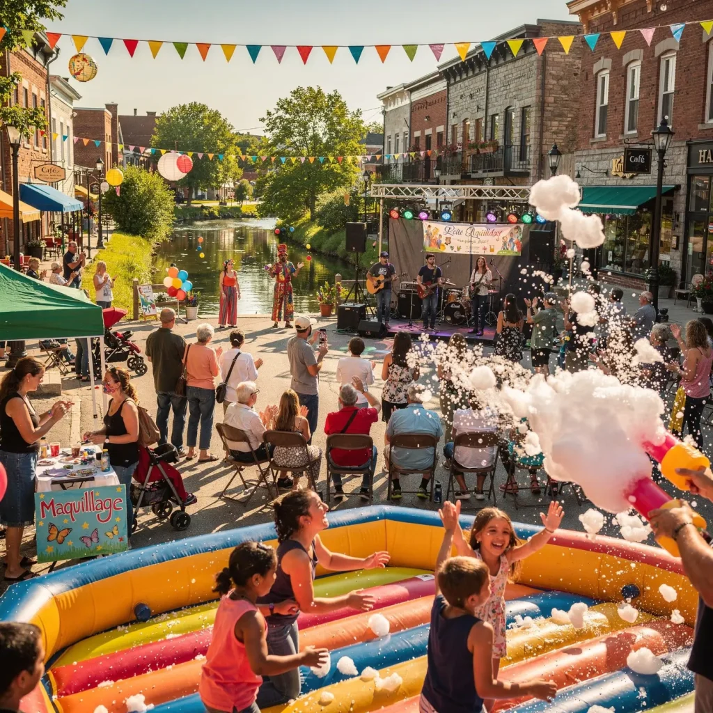 A vibrant outdoor festival with a band performing on a stage surrounded by a crowd of onlookers. Children are playing in an inflatable area filled with bubbles. The scene is adorned with colorful decorations such as bunting and balloons. Stalls and tables are set up, including one offering face painting, labeled with a sign reading 'Maquillage.' The event takes place on a picturesque street near a canal, lined with shops and trees.