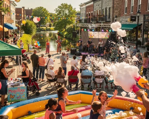 A vibrant outdoor festival with a band performing on a stage surrounded by a crowd of onlookers. Children are playing in an inflatable area filled with bubbles. The scene is adorned with colorful decorations such as bunting and balloons. Stalls and tables are set up, including one offering face painting, labeled with a sign reading 'Maquillage.' The event takes place on a picturesque street near a canal, lined with shops and trees.