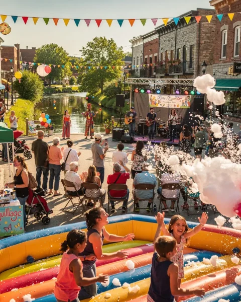 A vibrant outdoor festival with a band performing on a stage surrounded by a crowd of onlookers. Children are playing in an inflatable area filled with bubbles. The scene is adorned with colorful decorations such as bunting and balloons. Stalls and tables are set up, including one offering face painting, labeled with a sign reading 'Maquillage.' The event takes place on a picturesque street near a canal, lined with shops and trees.