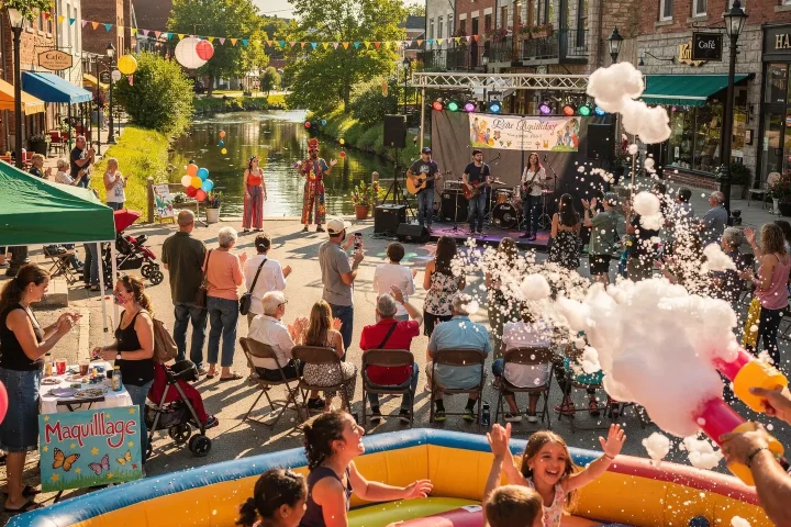 A vibrant outdoor festival with a band performing on a stage surrounded by a crowd of onlookers. Children are playing in an inflatable area filled with bubbles. The scene is adorned with colorful decorations such as bunting and balloons. Stalls and tables are set up, including one offering face painting, labeled with a sign reading 'Maquillage.' The event takes place on a picturesque street near a canal, lined with shops and trees.