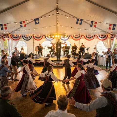 A lively scene inside a tent decorated with lights and flags, featuring people performing a traditional dance in detailed embroidered cultural costumes. A band is playing on a stage, enhancing the festive atmosphere of the cultural celebration.