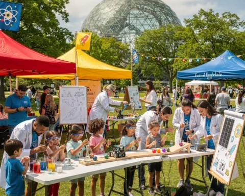 A vibrant outdoor science festival featuring colorful tents and banners with science designs like atoms and rockets. Adults in lab coats lead science experiments with engaged children at tables using test tubes and equipment. A large geodesic dome is visible in the background, set in a grassy park area with trees.