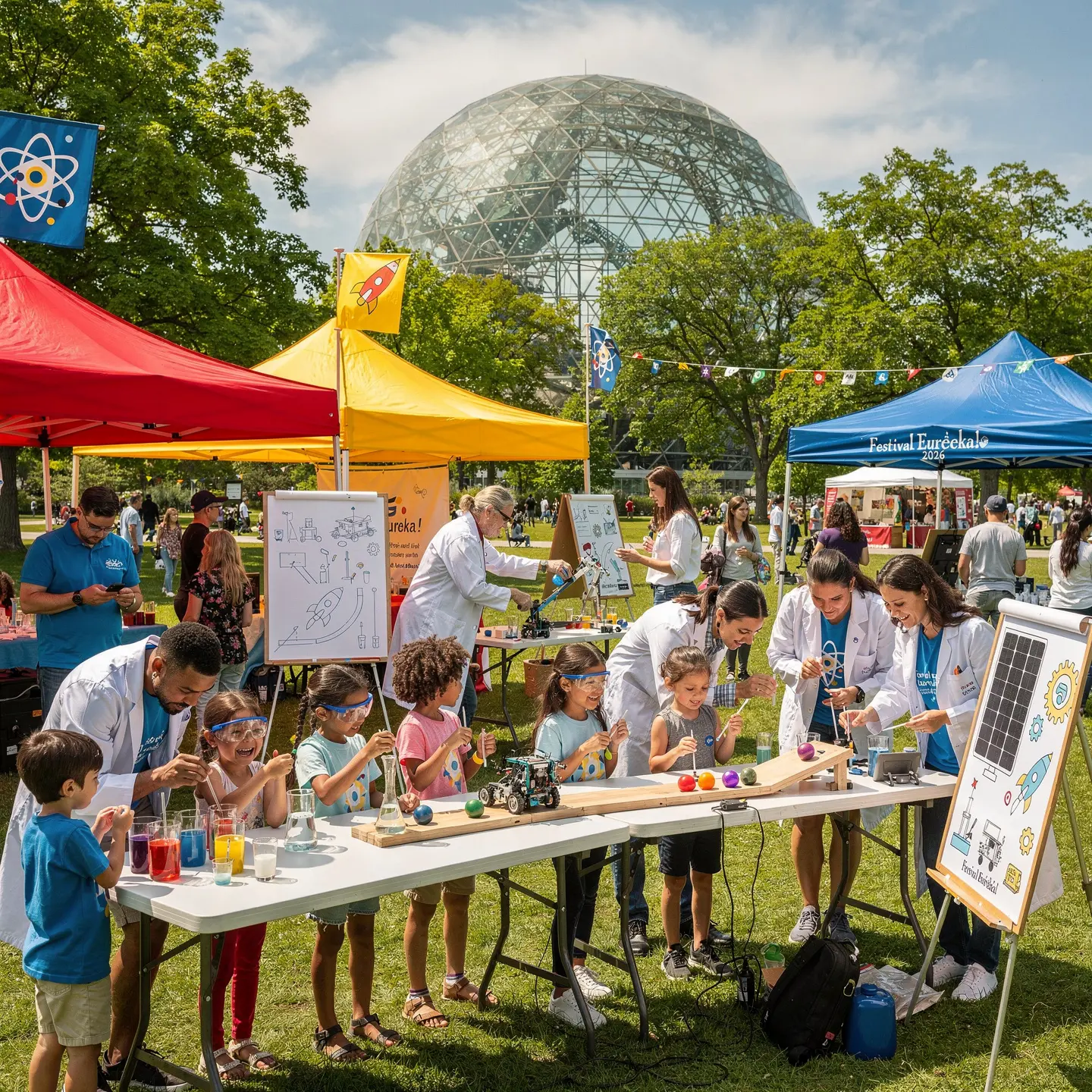 A vibrant outdoor science festival featuring colorful tents and banners with science designs like atoms and rockets. Adults in lab coats lead science experiments with engaged children at tables using test tubes and equipment. A large geodesic dome is visible in the background, set in a grassy park area with trees.