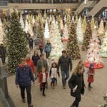 A spacious indoor venue filled with numerous Christmas trees decorated with lights and ornaments. The scene is bustling with many people walking around, suggesting a vibrant holiday or festive event, likely in a mall or similar setting.