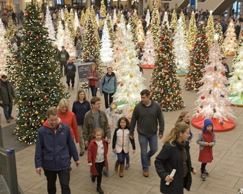 A spacious indoor venue filled with numerous Christmas trees decorated with lights and ornaments. The scene is bustling with many people walking around, suggesting a vibrant holiday or festive event, likely in a mall or similar setting.