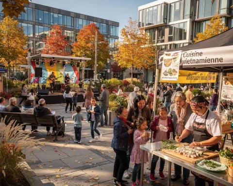 An outdoor festival in a plaza with people gathered around. A stage features live musicians performing, while attendees sit and watch. In the foreground, a food stall labeled 'Cuisine Vietnamienne' has a chef preparing food as people, including children, interact at the stall. Modern buildings and colorful autumn trees frame the scene, adding to the festive atmosphere.
