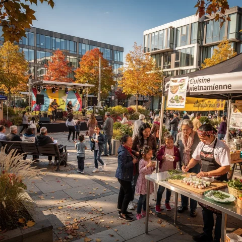 An outdoor festival in a plaza with people gathered around. A stage features live musicians performing, while attendees sit and watch. In the foreground, a food stall labeled 'Cuisine Vietnamienne' has a chef preparing food as people, including children, interact at the stall. Modern buildings and colorful autumn trees frame the scene, adding to the festive atmosphere.