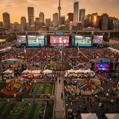 A lively outdoor FIFA Fan Festival event in Toronto, 2026, featuring large screens showing football matches, surrounded by a big crowd. The scene includes various tents, booths, a children's play area, a small sports area, and festive decorations with numerous flags. The Toronto city skyline with skyscrapers and the CN Tower is visible in the background.