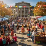 A bustling outdoor cultural festival set in a public square during autumn, featuring people enjoying the event, some in traditional costumes performing dances. Stalls offering various foods and goods line the area, with banners of international flags strung above. A grand building stands in the background, surrounded by colorful autumn leaves that enhance the festive atmosphere.