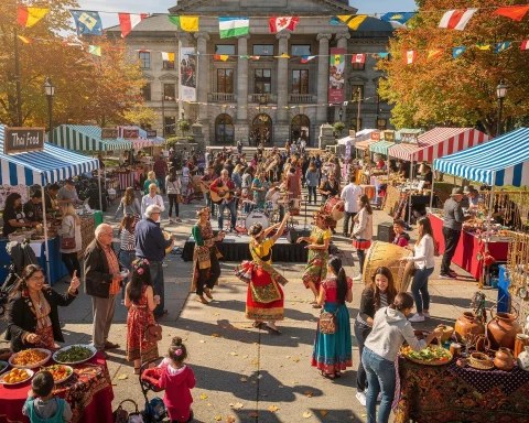 A bustling outdoor cultural festival set in a public square during autumn, featuring people enjoying the event, some in traditional costumes performing dances. Stalls offering various foods and goods line the area, with banners of international flags strung above. A grand building stands in the background, surrounded by colorful autumn leaves that enhance the festive atmosphere.