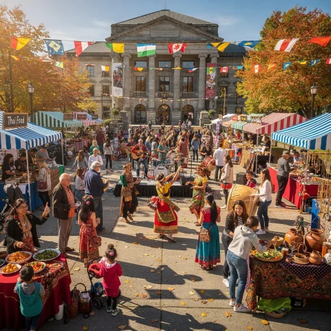 A bustling outdoor cultural festival set in a public square during autumn, featuring people enjoying the event, some in traditional costumes performing dances. Stalls offering various foods and goods line the area, with banners of international flags strung above. A grand building stands in the background, surrounded by colorful autumn leaves that enhance the festive atmosphere.