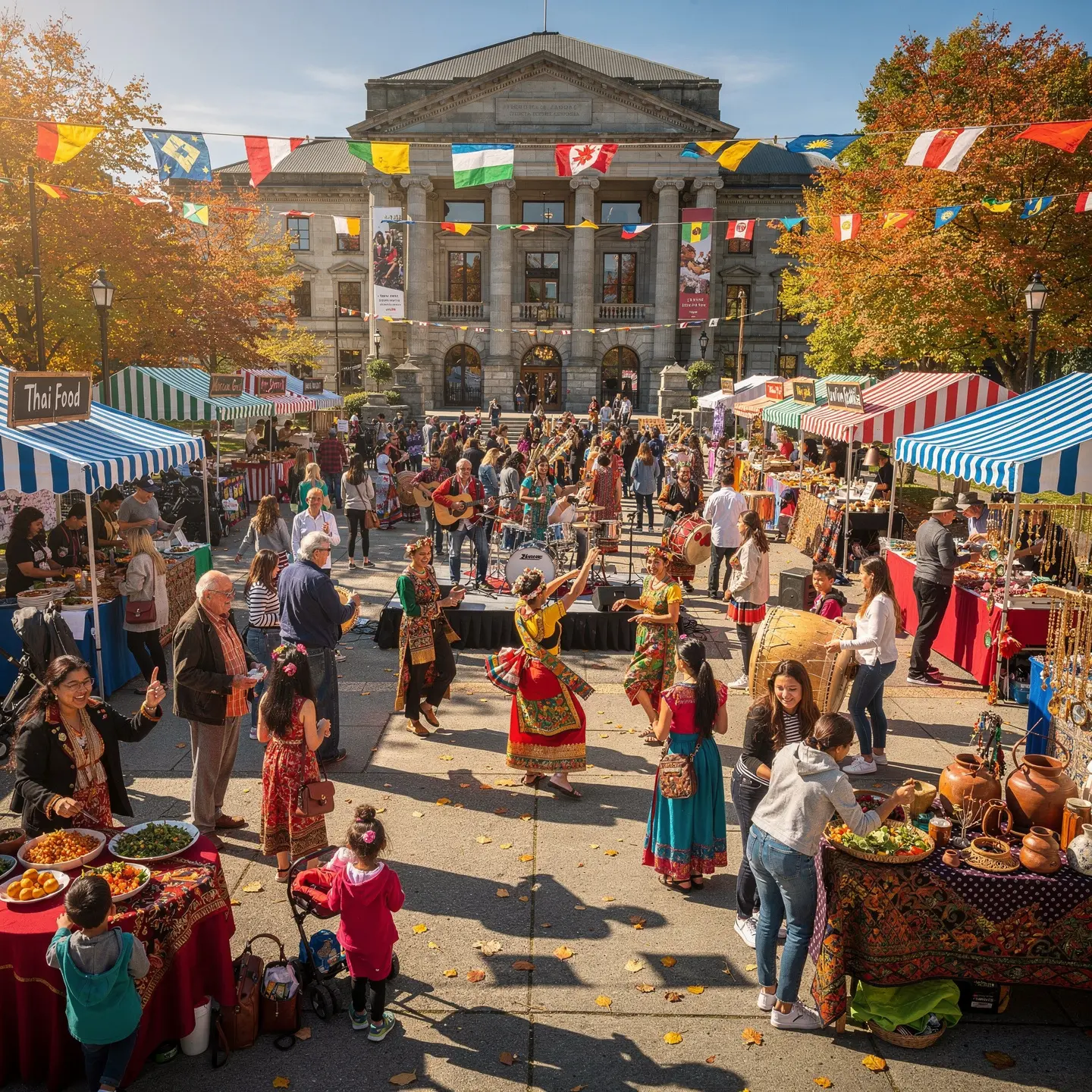 A bustling outdoor cultural festival set in a public square during autumn, featuring people enjoying the event, some in traditional costumes performing dances. Stalls offering various foods and goods line the area, with banners of international flags strung above. A grand building stands in the background, surrounded by colorful autumn leaves that enhance the festive atmosphere.