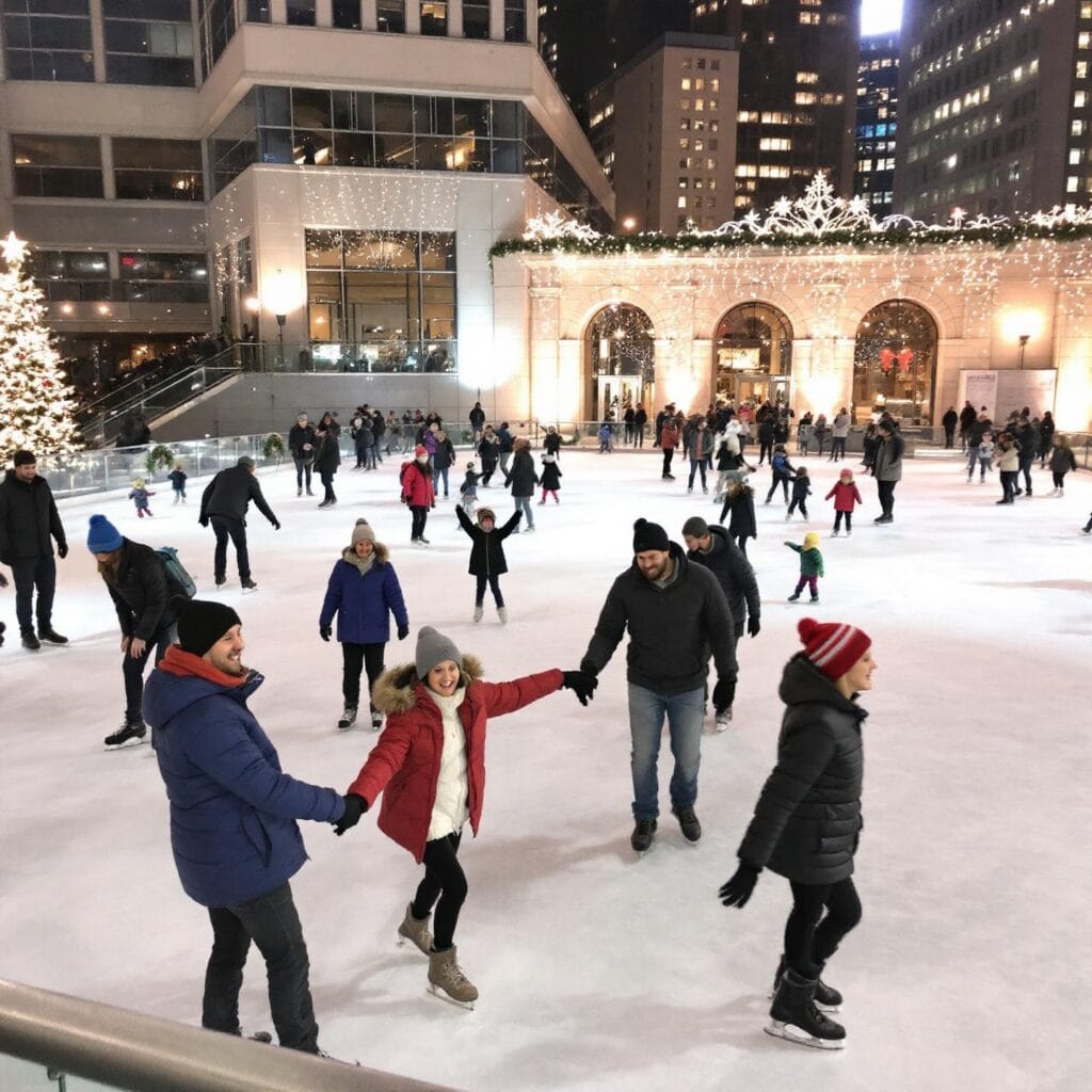 A festive ice skating rink set in a city environment, with people of all ages skating and enjoying the activity. A brightly decorated Christmas tree stands to the left, and lights adorn surrounding buildings, creating a cheerful holiday atmosphere. Tall high-rise buildings frame the background of the urban plaza.